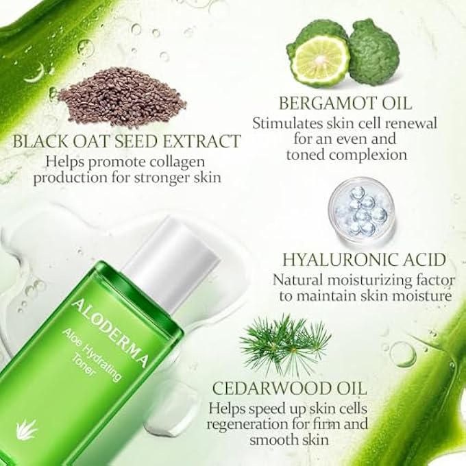 Aloderma تونر للوجه مرطب بالألوة فيرا 91% عضوي - ينقي المسام بشكل طبيعي، غير مسبب للتهيج، خالي من الكحول، تونر مرطب للوجه مع حمض الهيالورونيك لجميع أنواع البشرة، 4.2 أونصة - Image 2